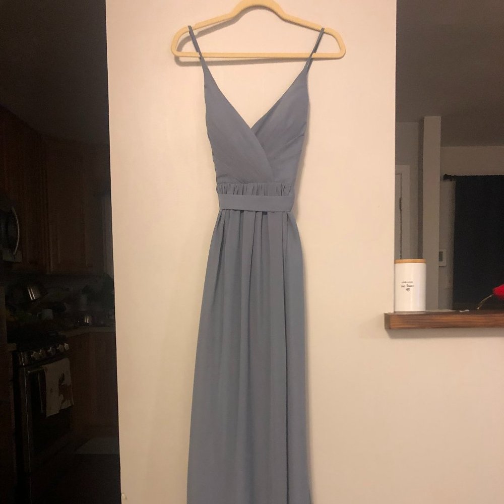 Tulle and Chantilly Dusty Blue Full Length Backless Chiffon Dress